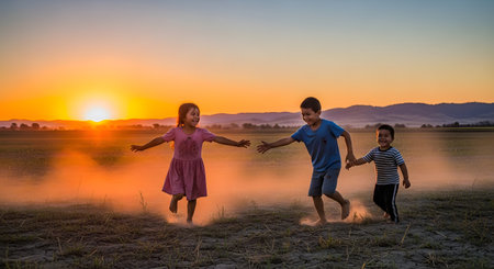 Three happy children running across a dry field towards the camera during a golden sunset. Dust kicks up around their feet as they play freely in the warm evening light.の素材