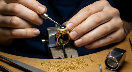 A jeweler's hands perform precise work on a gold ring set with a blue gemstone, using a fine tool at a workbench. Gold shavings are scattered on the wooden surface, highlighting the craftsmanship and detail involved.の素材