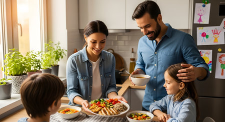 A happy family of four enjoys a healthy meal together in a bright kitchen. The mother serves a plate of chicken and vegetables while the father smiles at their daughter, fostering family bonding and healthy eating habits.の素材