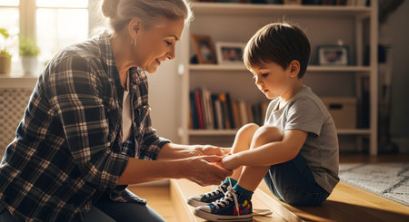 A smiling grandmother helps her young grandson tie his shoelaces while he sits on a wooden step indoors. The scene depicts a tender moment of care, teaching, and family support between generations in a comfortable home setting.の素材