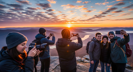 A group of hikers standing on a rocky mountain peak, taking photos of a breathtaking sunrise over a valley with their phones and cameras. The golden hour light illuminates the scenic landscape, capturing a moment of travel and friendship.の素材