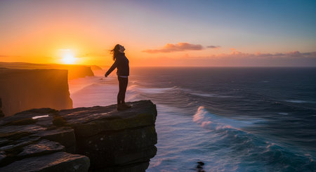 A woman stands on the edge of a high cliff overlooking the ocean at sunset, with her arms outstretched in a gesture of freedom. The dramatic coastline and crashing waves below are bathed in warm golden light.の素材