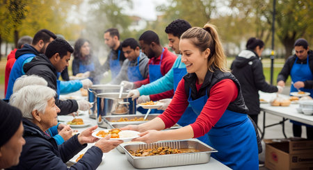 A smiling female volunteer in a blue apron hands a plate of hot food to an elderly woman at an outdoor charity event. A diverse group of volunteers works together in the background to serve meals to the community.の素材