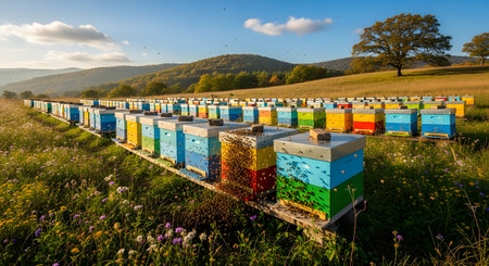 A panoramic view of an apiary with rows of colorful wooden beehives situated in a lush green meadow near a forest. Bees can be seen flying around the hives on a sunny day, illustrating agricultural honey production.の素材