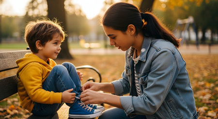 A caring older sister helps her little brother tie his blue shoelaces while sitting on a park bench. The scene is set in an autumn park with fallen leaves, highlighting themes of family bonding, kindness, and childhood learning.の素材