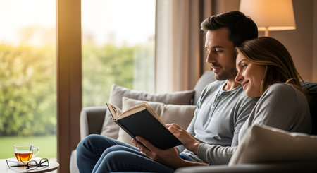 A loving couple sits close together on a grey sofa reading a book near a large window. Soft sunlight streams in illuminating the cozy living room scene with a cup of tea on the side table.の素材