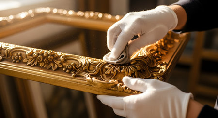 Hands wearing white cotton gloves carefully clean a carved antique gold picture frame with a soft cloth. The detailed shot highlights the preservation and restoration of fine art or decor in a professional manner.の素材