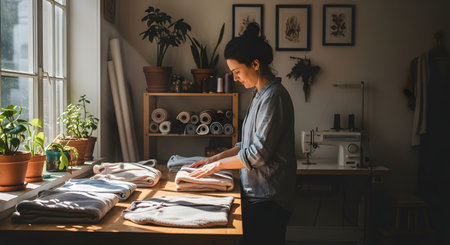 A woman stands at a wooden table folding piles of soft clothes or towels in a sunlit room. The space features a sewing machine and potted plants suggesting a home studio or organized laundry room environment.の素材