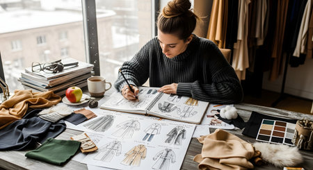 A focused fashion designer sits at a cluttered desk in a well-lit studio sketching new clothing designs in a notebook. Fabric swatches, color palettes, and magazines surround her as she works on her creative collection.の素材