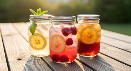 Three glass mason jars filled with refreshing colorful fruit drinks, including lemonade and berry tea, sit on a wooden picnic table. Sun flares through the background, creating a perfect summer atmosphere for outdoor hydration.の素材