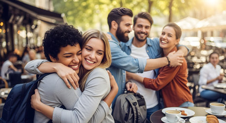 Two young women hug joyfully while greeting each other at an outdoor cafe, with male friends smiling in the background. The scene captures the warmth of friendship, reunion, and social connection in a lively setting.の素材