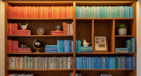 A neatly organized wooden bookshelf filled with books arranged by color to create a rainbow gradient effect. The shelves are adorned with decorative items like a globe, vintage postcards, and potted plants in a home library.の素材