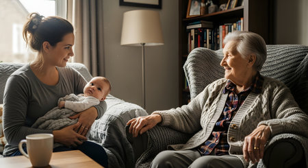 A heartwarming portrait of a multigenerational family with a grandmother, mother, and newborn baby in a cozy living room. The mother holds the baby while looking affectionately at the smiling grandmother, symbolizing family continuity and love.の素材