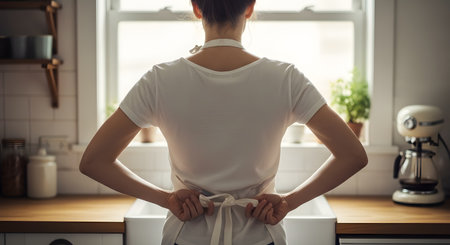 Rear view of a woman standing in a bright kitchen, tying the strings of her white apron around her waist. She faces a window with natural light, preparing to start cooking or baking, symbolizing the beginning of domestic culinary activities.の素材