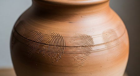 A close-up detail of a handmade terracotta clay pot featuring intricate etched textures and semicircular patterns. The unglazed surface highlights the natural warm brown tones and craftsmanship of the ceramic vessel.の素材