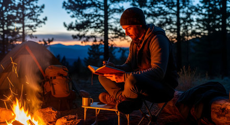 A man sits on a camping stool by a warm campfire at twilight, writing thoughts in a journal. With a tent and pine forest in the background against a sunset sky, the scene captures the peaceful solitude and mindfulness of an outdoor adventure.の素材