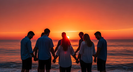 A group of people stands in a circle holding hands on the beach, silhouetted against a vibrant orange sunset over the ocean. The image conveys themes of community, spirituality, support, and connection with nature.の素材