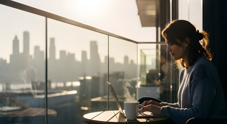 A young woman works on a laptop at a small table on a high-rise balcony with a steaming cup of coffee. The background features a hazy city skyline silhouette during a beautiful sunrise representing a remote working lifestyle.の素材