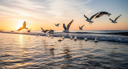 A flock of seagulls flies gracefully over crashing ocean waves against a backdrop of a golden sunrise. The image captures the peaceful yet dynamic beauty of coastal wildlife and the freedom of flight.の素材