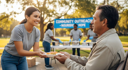 A smiling female volunteer serves a plate of hot food to an elderly man at an outdoor community outreach event. In the background, other volunteers work at a serving station under a blue banner, highlighting community support.の素材