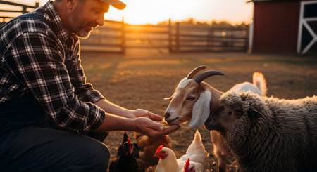 A smiling farmer in a plaid shirt feeds a goat and a sheep by hand on a farm during a golden sunset. Chickens roam nearby, and a red barn is visible in the background, capturing a warm rural lifestyle scene.の素材
