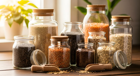 A collection of glass storage jars filled with various grains, seeds, and legumes arranged on a wooden surface near a sunny window. The organized pantry items promote a sustainable and healthy lifestyle.の素材
