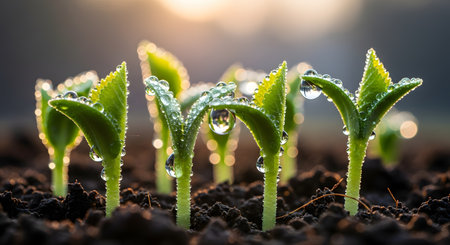 A stunning macro shot of young green seedlings sprouting from dark soil, covered in fresh water droplets. Backlit by the warm morning sun, the image symbolizes new life, growth, and the beauty of nature.の素材