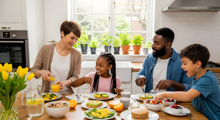 A diverse family of four enjoys a healthy breakfast together in a bright, modern kitchen. The mother pours juice while the father and children smile and eat, highlighting family bonding and a positive morning routine.の素材