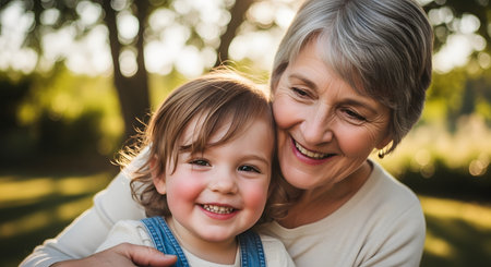 A close-up portrait of a smiling grandmother hugging her young granddaughter outdoors in a park. The warm sunlight and blurred green background highlight the genuine joy and affection between the two generations.の素材