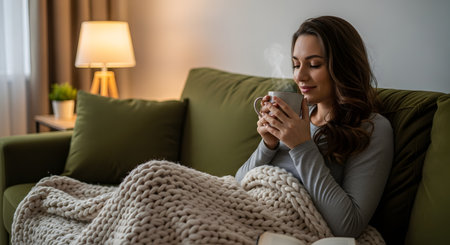 A young woman relaxing on a green sofa, covered with a chunky knit blanket, and holding a steaming mug of hot tea. The warm lighting and soft textures create a comfortable home atmosphere.の素材