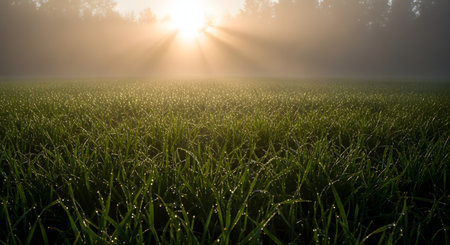 A breathtaking view of a sunrise illuminating a lush green grass field covered in morning dew. The sun's rays pierce through the light mist, creating a serene and fresh natural landscape background.の素材