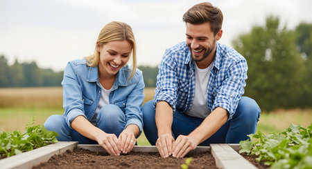 A smiling young couple kneels by a raised wooden garden bed, planting seeds into the soil together. They are dressed in casual denim, enjoying a shared hobby and the connection with nature in their backyard.の素材