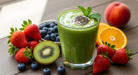 A glass of healthy green smoothie garnished with mint and chia seeds sits on a wooden table surrounded by fresh fruits like strawberries, blueberries, kiwi, and orange. The vibrant composition highlights concepts of detox, nutrition, and a healthy diet.の素材