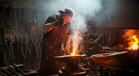 A skilled blacksmith hammers a piece of glowing hot metal on an anvil in a dark forge, sending bright sparks flying. The scene captures the intensity, heat, and physical labor of traditional metalworking.の素材