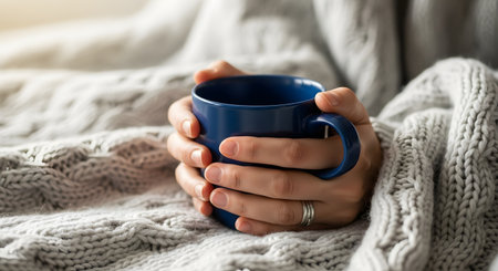 Close-up of hands holding a hot blue mug, wrapped warmly in a soft grey knitted blanket. The image evokes feelings of comfort, relaxation, and coziness, perfect for representing a cold winter or autumn day indoors.の素材