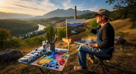 An artist paints a landscape on canvas while sitting outdoors on a hill overlooking a river valley and mountains. The painter uses an easel and palette to capture the scenic autumn view in a realistic style.の素材