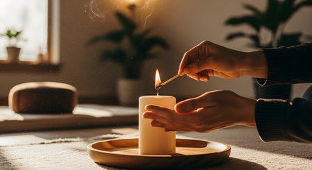 Close-up of hands lighting a white pillar candle on a wooden tray using a matchstick. The scene is back-lit by soft natural light, creating a warm, peaceful, and spiritual atmosphere suitable for meditation or relaxation.の素材