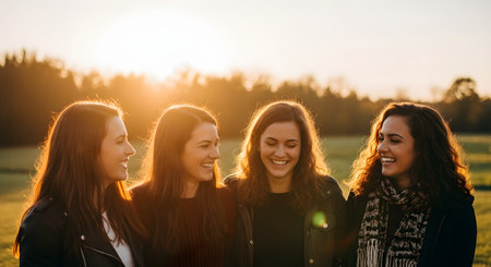 A group of four young women stand together in a field during the golden hour, laughing and smiling joyfully at each other. The backlit sunset creates a warm, glowing atmosphere, highlighting their close friendship and happiness.の素材