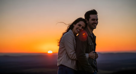 A romantic couple embraces and smiles at each other against a backdrop of a stunning orange sunset and mountain silhouettes. The warm lighting and wind in the woman's hair create an atmosphere of love and intimacy.の素材