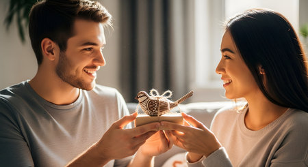 A happy young couple sitting together at home, exchanging a small wrapped gift topped with a wooden bird ornament. They are smiling at each other, sharing a moment of affection, celebration, and joy.の素材