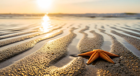 An orange starfish rests on the rippled sand of a beach, illuminated by the golden light of a sunrise over the ocean. The serene seascape captures the beauty of marine life and a peaceful summer morning.の素材