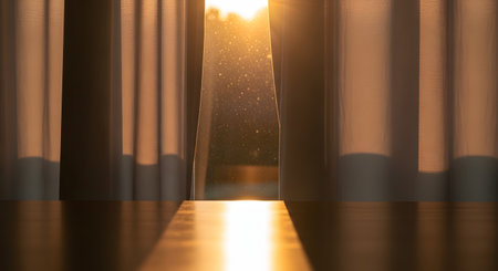 Golden sunlight streams through sheer curtains, casting warm rays onto a wooden surface. The dust motes dancing in the light create a peaceful, atmospheric morning scene, symbolizing hope and new beginnings.の素材