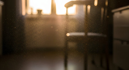 Floating dust particles illuminated by a strong beam of golden sunlight in a dimly lit room. The atmospheric shot highlights the interplay of light and shadow, creating a nostalgic and moody feel.の素材