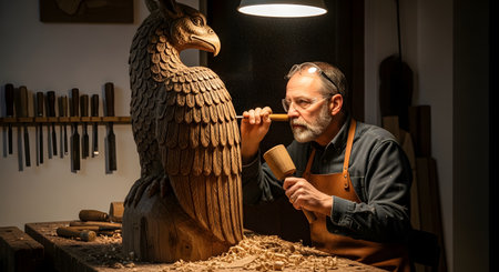 A skilled artisan carving a detailed wooden eagle statue in his workshop using a chisel and mallet. The scene is dramatically lit, highlighting the dust and the concentration on the sculptor's face.の素材