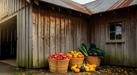 Wooden bushel baskets filled with freshly harvested red apples, pumpkins, squash, and kale sit outside a rustic wooden barn. The warm lighting and autumn produce create a cozy farm atmosphere perfect for Thanksgiving or fall themes.の素材