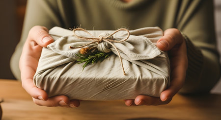 Hands hold a gift wrapped in beige fabric using the furoshiki technique, tied with a knot and decorated with a sprig of rosemary. The image emphasizes sustainable, zero-waste gift-giving and eco-friendly holiday traditions.の素材