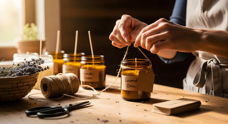A woman's hands tie a jute string around a jar of handmade scented candle in a warm, sunlit workshop. The scene captures the artisanal process of packaging eco-friendly home fragrance products.の素材