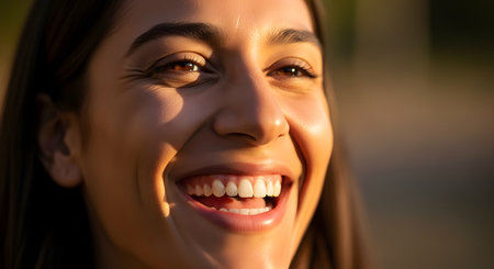 A close-up portrait of a beautiful young woman smiling broadly with her eyes crinkled in joy. The golden hour sunlight illuminates her face, highlighting her natural beauty and expression of genuine happiness.の素材