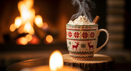 A festive mug of hot chocolate topped with whipped cream and a cinnamon stick sitting on a wooden coaster. In the background, a cozy fireplace burns warmly, creating a perfect holiday atmosphere.の素材
