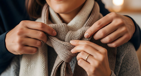 Close-up of hands gently tying a beige knitted scarf, symbolizing warmth and care during the cold season. The soft texture of the wool and the intimate gesture evoke feelings of comfort and love.の素材